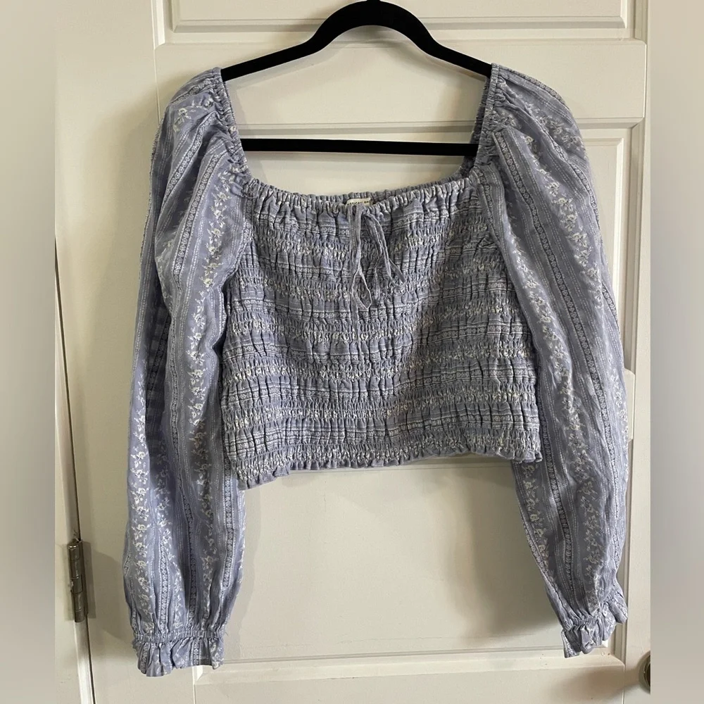 NWT American Eagle Square WomenNeck Floral Blue Crop Top Puff LongSleeves Size L